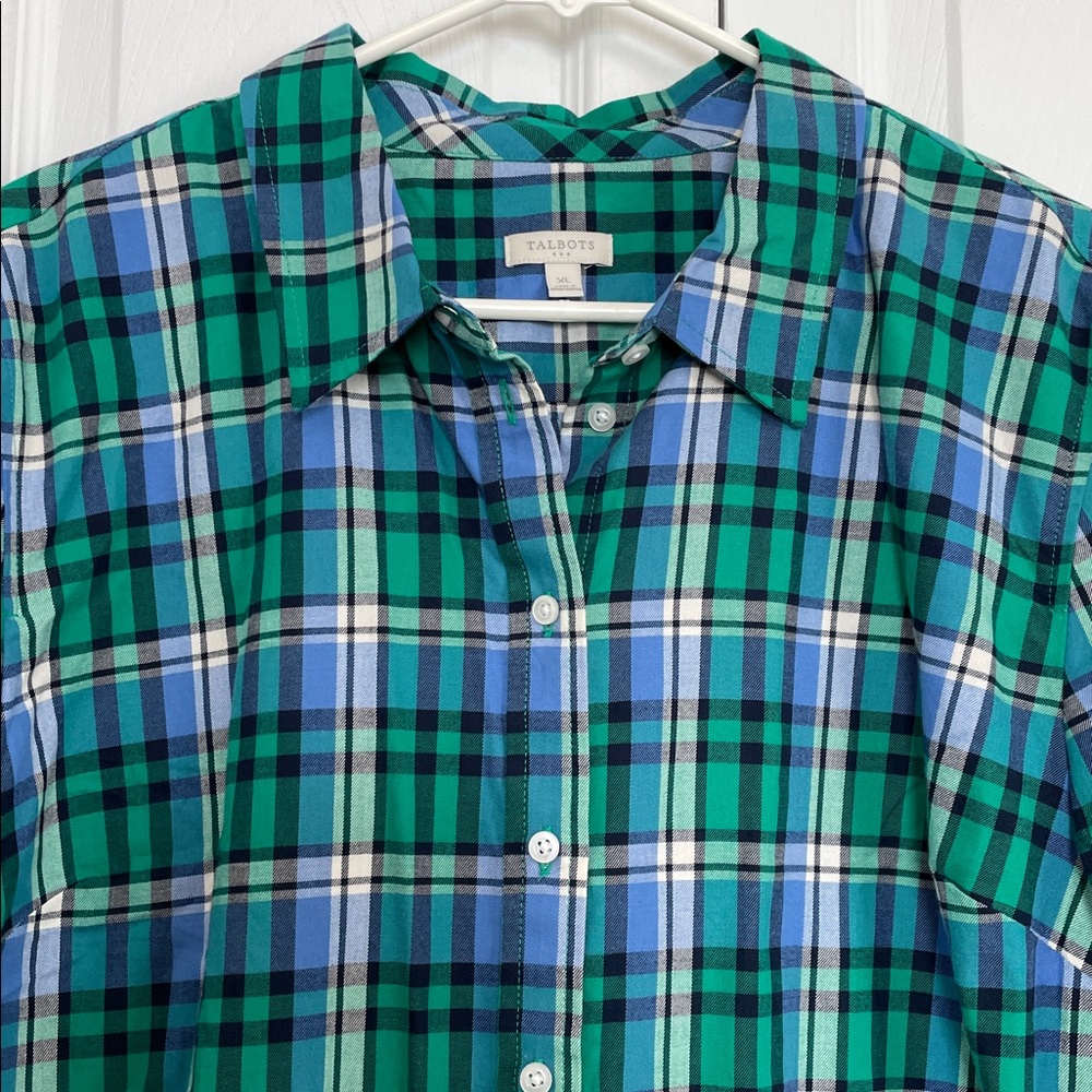 Women’s XL Talbots Casual Plaid Shirt Green/Blue Long Sleeve Collar no pockets